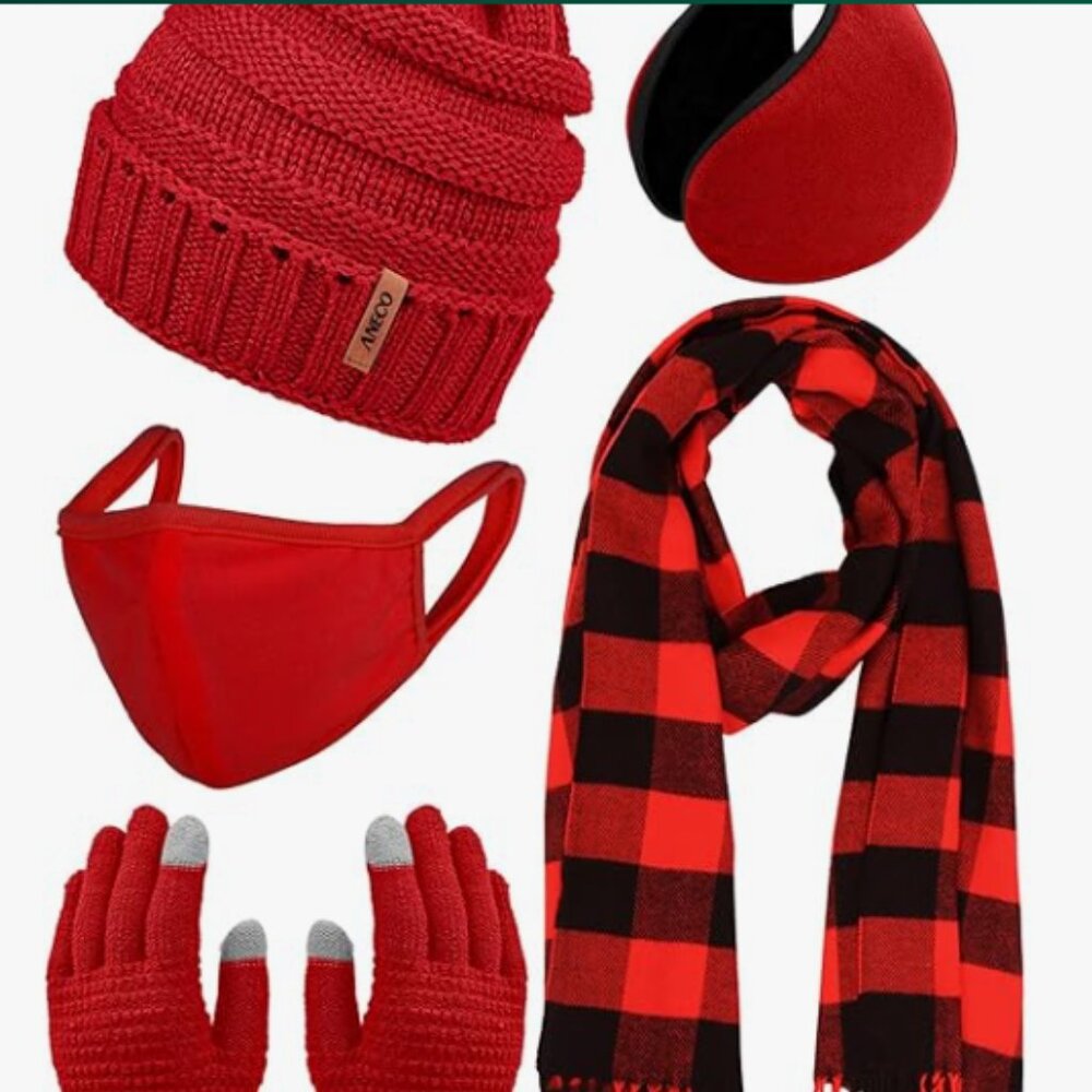 Winter Warm Sets Buffalo Plaid Scarf Knitted Beanie Hat Gloves Earloop Warm Cove
